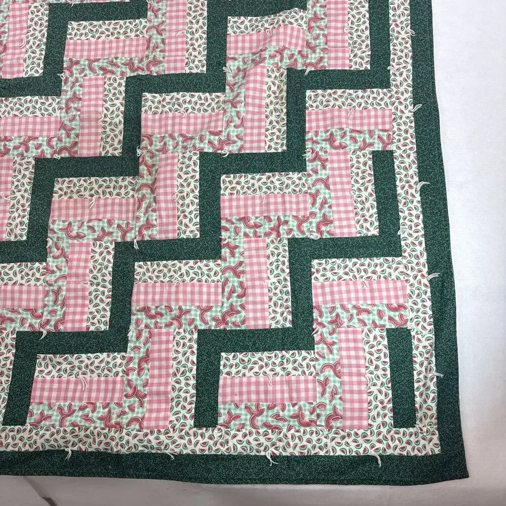 Vtg Patchwork Green Pink Quilt Throw 56” X 41” Handmade Watermelon Camarillo, CA